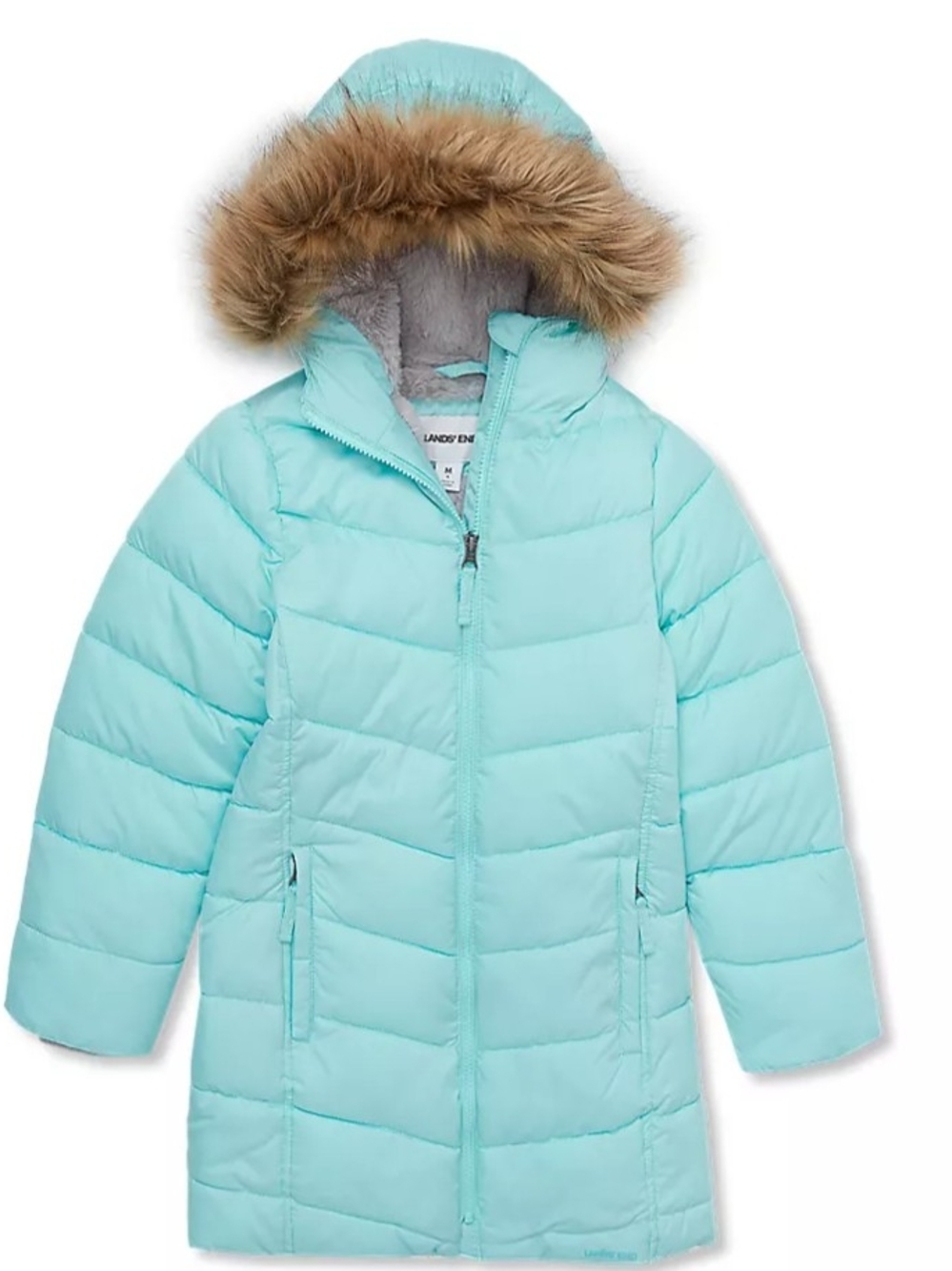 Lands' End Girls' Aqua Puffer Parka with Faux-Fur Trim